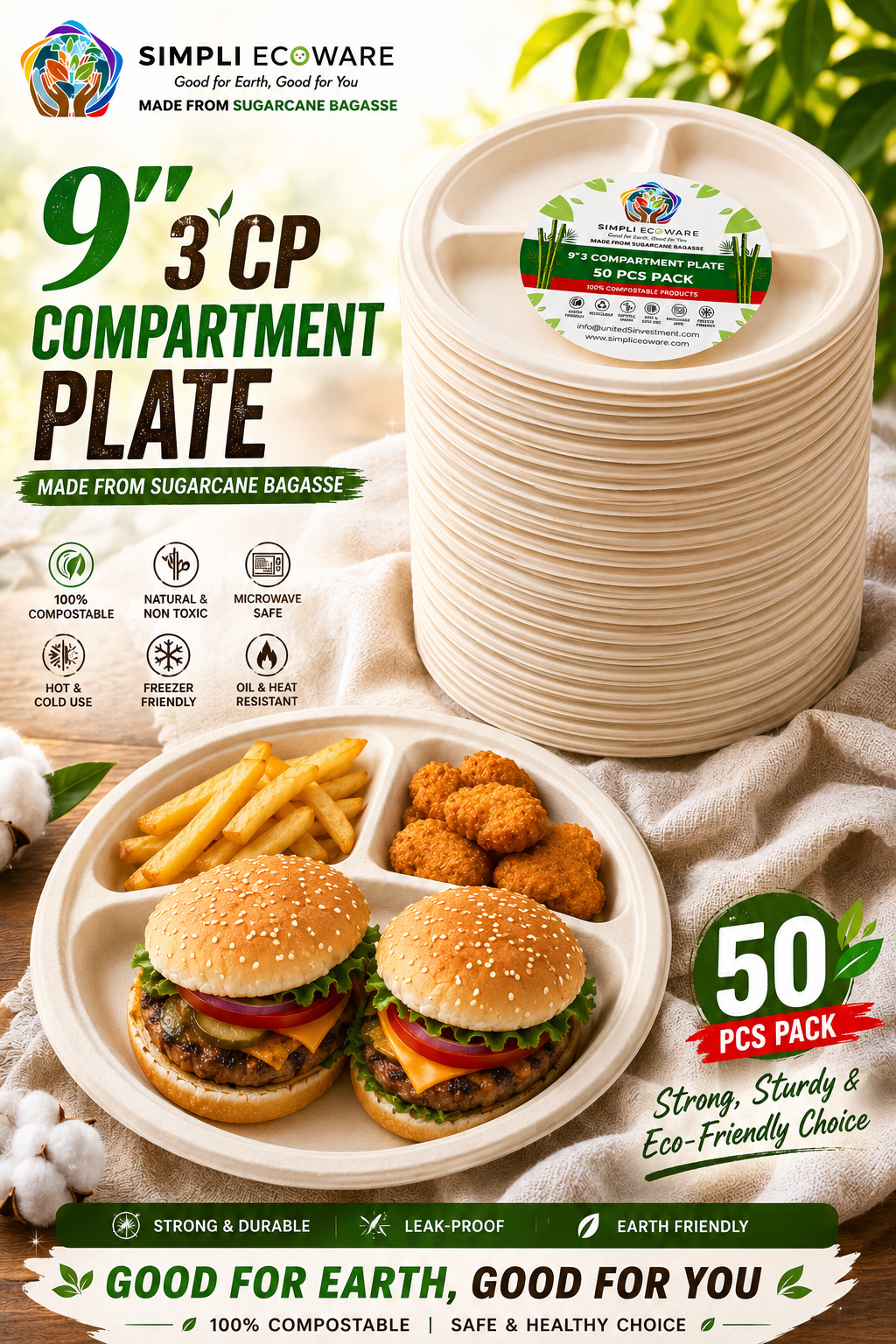 Simpli Ecoware 9" 3-Compartment Plate
